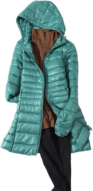 Women's Warm Winter Glossy Down Jacket Ultralight Long Down Outerwear Puffer Jacket Hooded Coat Packable Long-Sleeve with