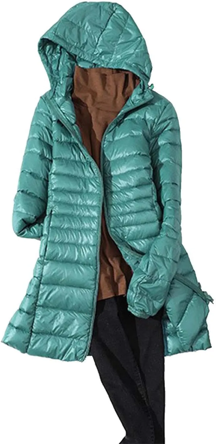 Women's Warm Winter Glossy Down Jacket Ultralight Long Down Outerwear Puffer Jacket Hooded Coat Packable Long-Sleeve with
