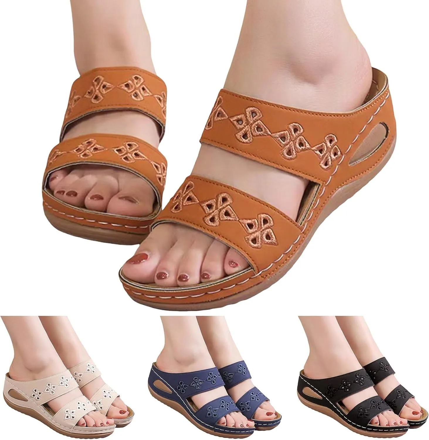 Women's Wedge Sandals with Plantar Fasciitis Slip on Wedge Sandal Comfortable Shoes Casual Sandals for Women