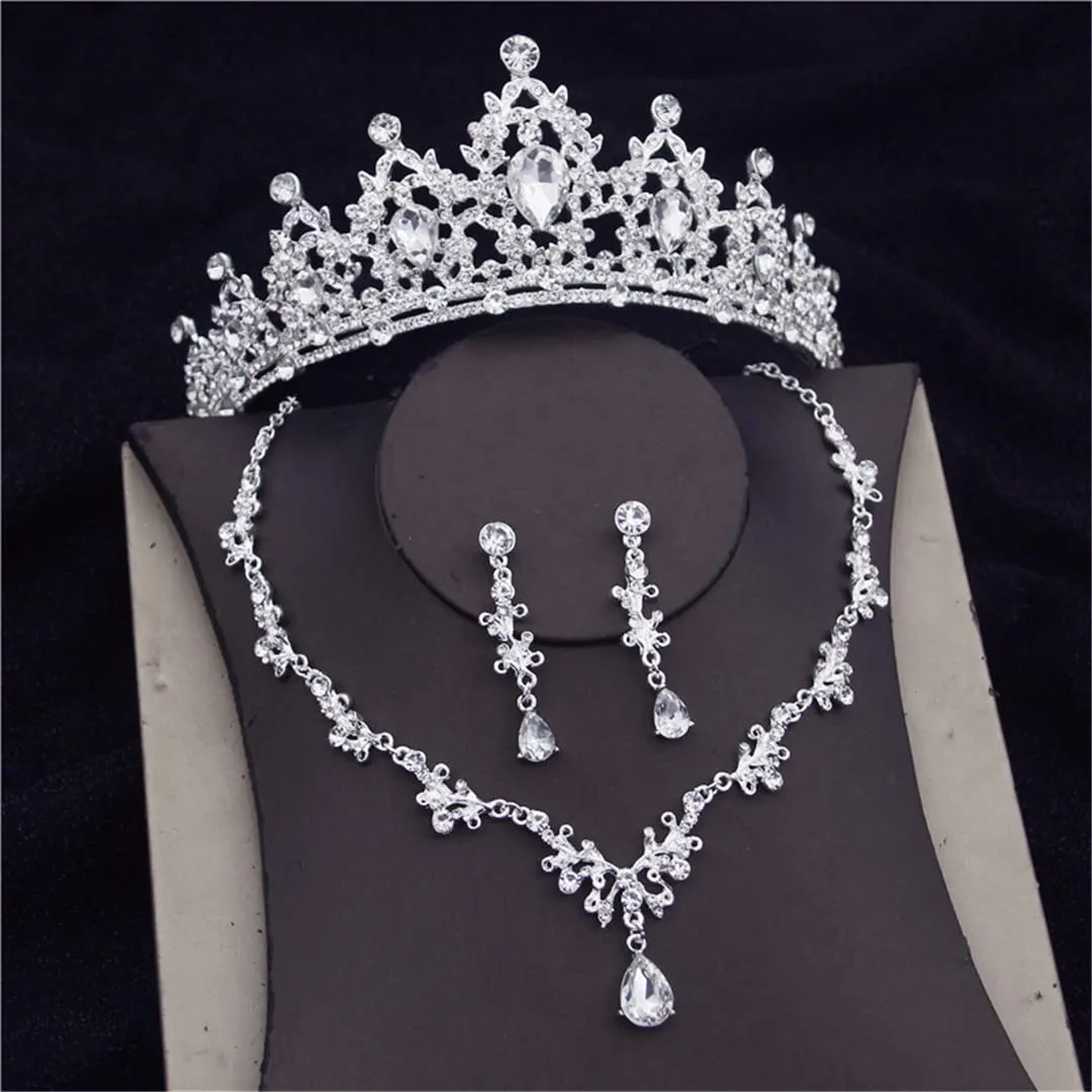 Wvapzxx Crystal Wedding Bridal Jewelry Sets Women Bride Tiara Crowns Earring Necklace Wedding Jewelry Accessories