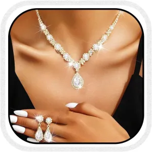Yean Wedding Jewelry Sets Silver Rhinestone Necklace and Earrings Crystal Prom Jewelry Necklace for Women