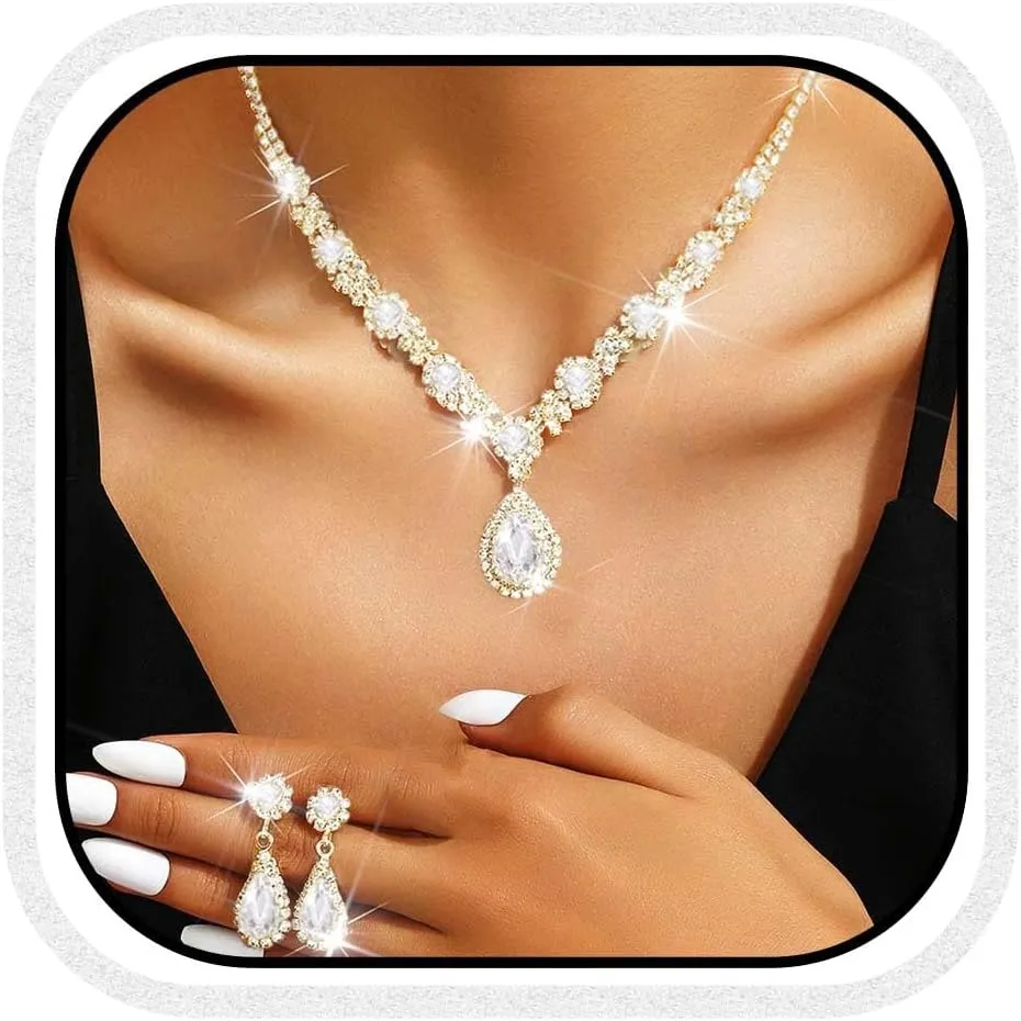 Yean Wedding Jewelry Sets Silver Rhinestone Necklace and Earrings Crystal Prom Jewelry Necklace for Women