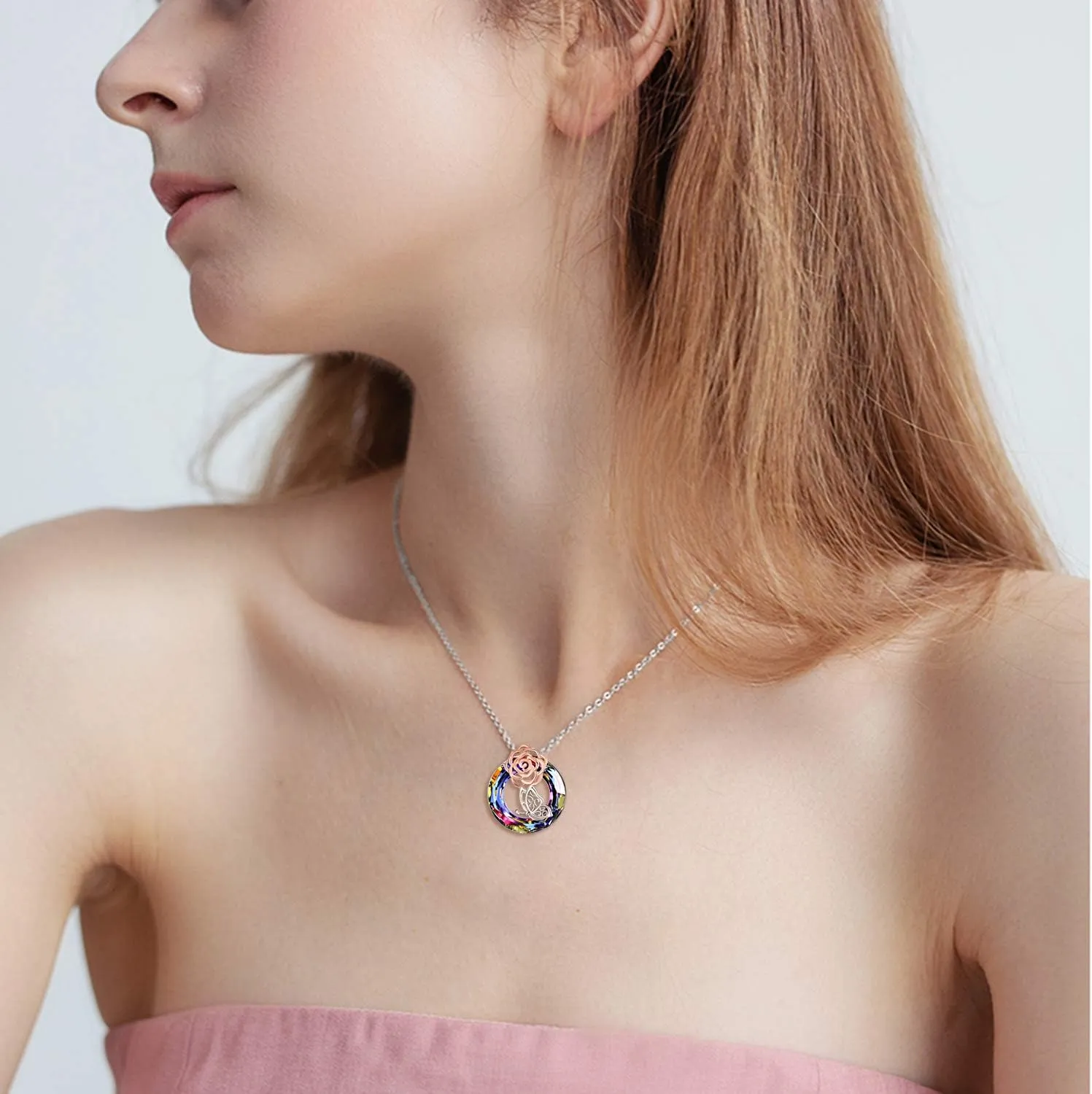 YFN Sterling Silver Nature Jewelry Flower Necklace With Insects Crystal Jewelry Snowflake Pendant For Women