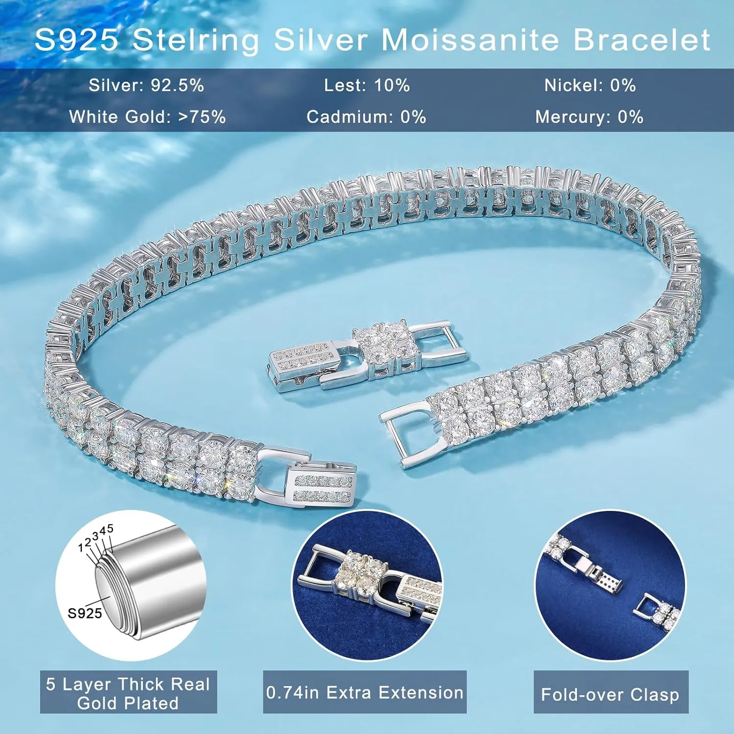 YIMERAIRE Moissanite Tennis Bracelet w/Extender Link, 3.2Ct-17.0Ct Double Row Lab Grown Women Moissanite Bracelet S925 Sterling Silver D Color VVS1 Round Cut 6.5Inch/7Inch/7.5Inch