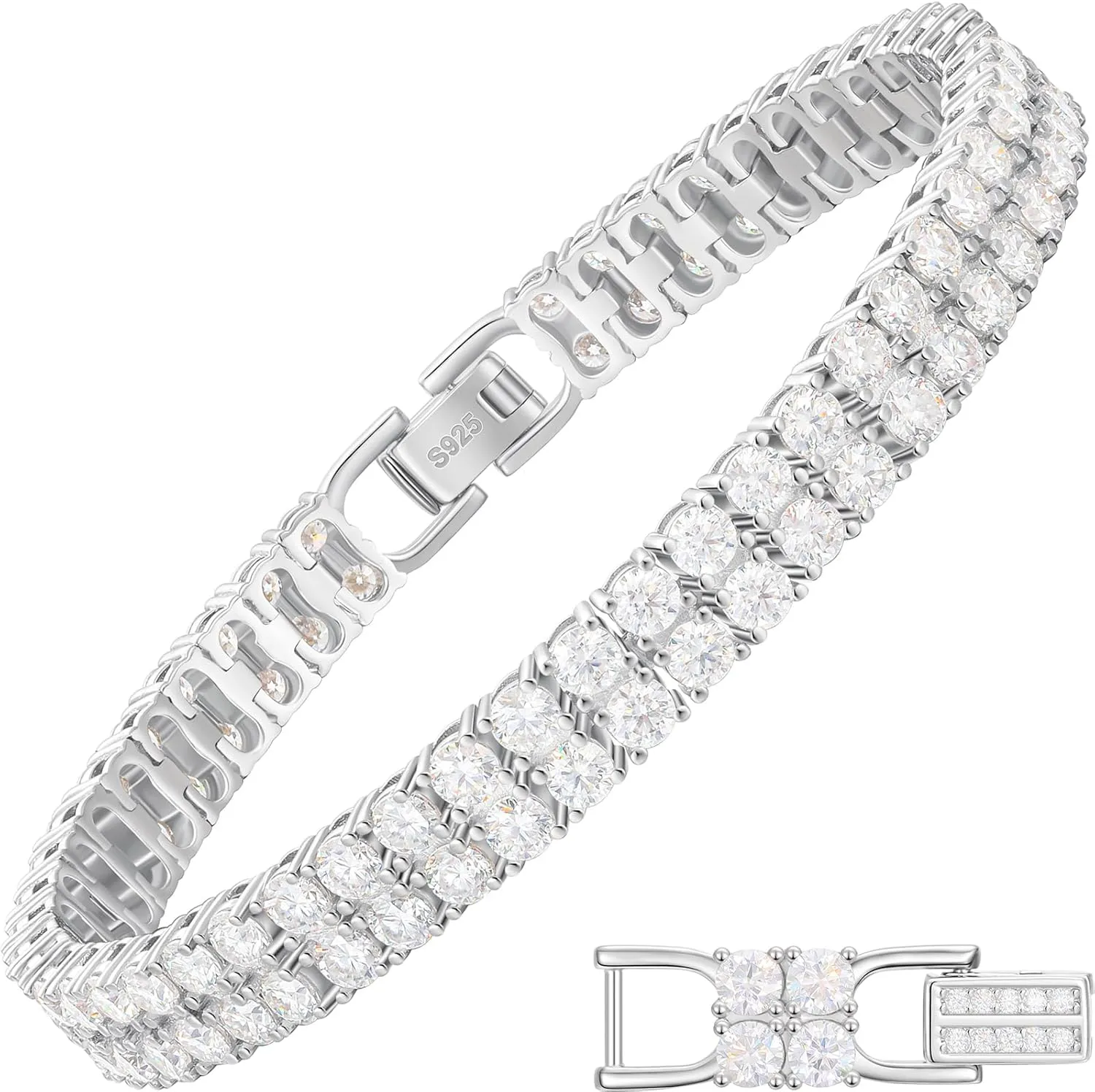 YIMERAIRE Moissanite Tennis Bracelet w/Extender Link, 3.2Ct-17.0Ct Double Row Lab Grown Women Moissanite Bracelet S925 Sterling Silver D Color VVS1 Round Cut 6.5Inch/7Inch/7.5Inch
