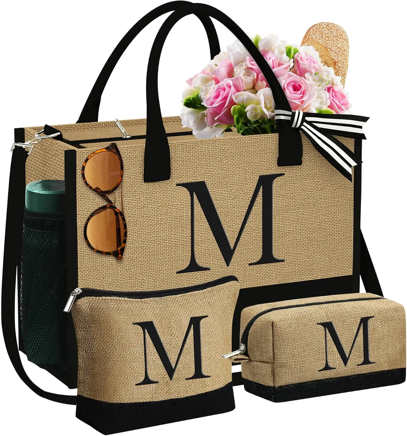 YOOLIFE Gifts for Women - Initial Jute Tote Bag & 2 Makeup Bags Personalized Birthday Gifts for Women Her Teacher Mom Friend
