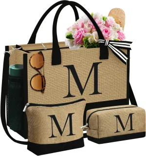 YOOLIFE Gifts for Women - Initial Jute Tote Bag & 2 Makeup Bags Personalized Birthday Gifts for Women Her Teacher Mom Friend