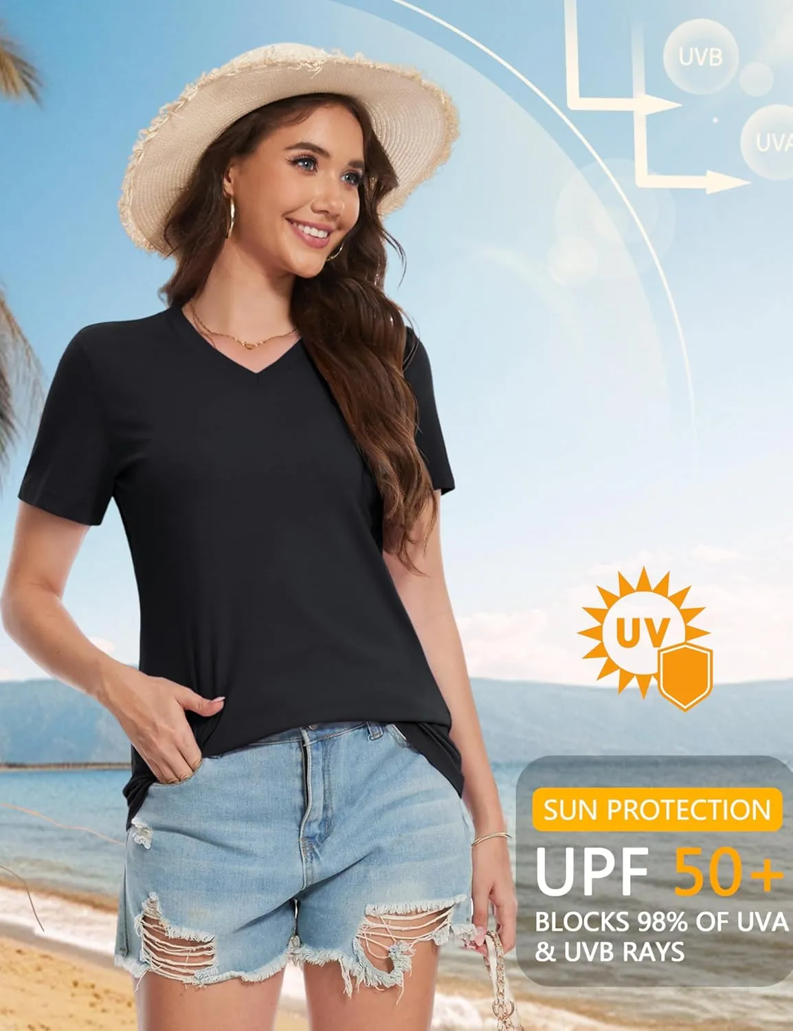 YUCOLEN Women's Cotton Short Sleeve Shirts Soft Breathable UPF 50  V Neck T-Shirts Basic Tops