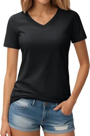 YUCOLEN Women's Cotton Short Sleeve Shirts Soft Breathable UPF 50  V Neck T-Shirts Basic Tops