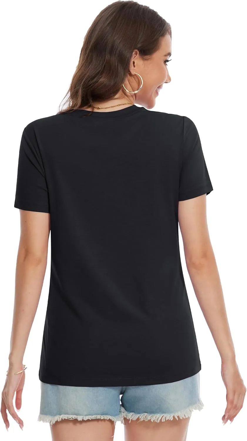 YUCOLEN Women's Cotton Short Sleeve Shirts Soft Breathable UPF 50  V Neck T-Shirts Basic Tops