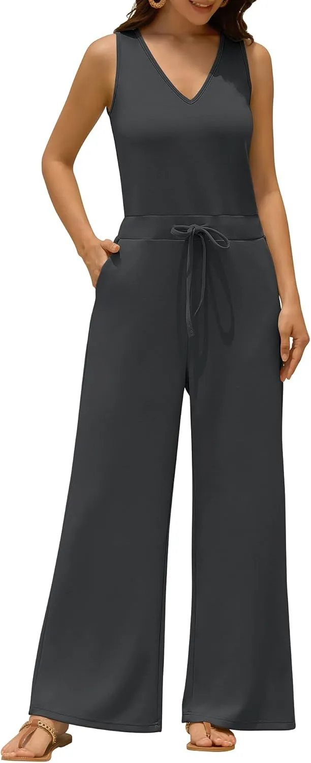 ZAFUL Jumpsuits for Women V Neck Casual Summer Outfits Sleeveless Wide Leg Long Pants Rompers Vacation Beach Outfits Dark Gray M