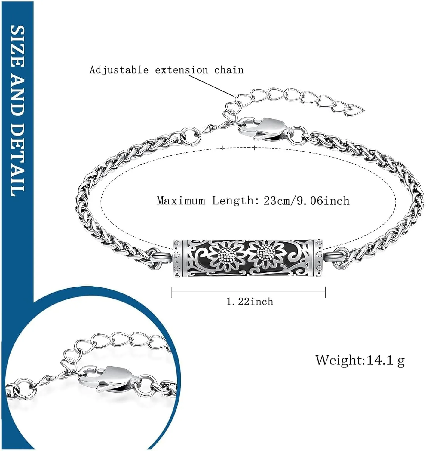 zeqingjw Sunflower Cylinder Cremation Urn Bracelet for Ashes Stainless Steel Memorial Jewelry Loved Ones Ashes Holder Keepsake Bangle for Women