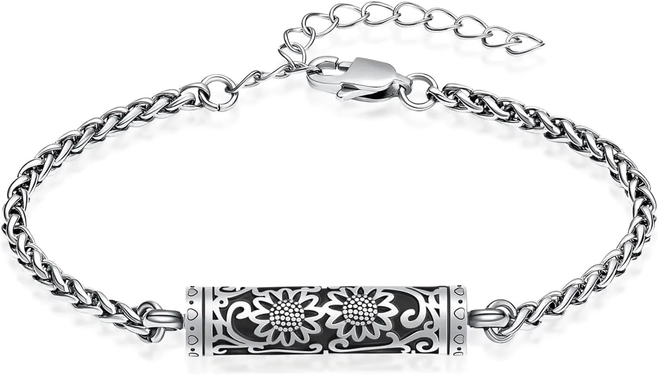 zeqingjw Sunflower Cylinder Cremation Urn Bracelet for Ashes Stainless Steel Memorial Jewelry Loved Ones Ashes Holder Keepsake Bangle for Women