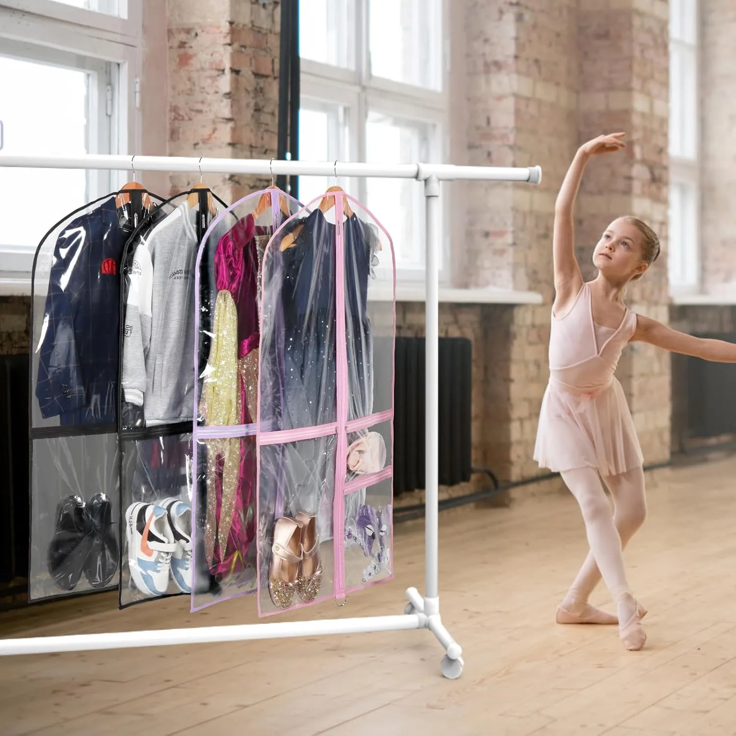 Zilink Clear Dance Garment Bags for Dancers 40 Dance Costume Garment Bag Dance Competition Must Haves with 3 Clear Zipper Pockets for Dance Competitions Set of 4 [Upgraded Version]
