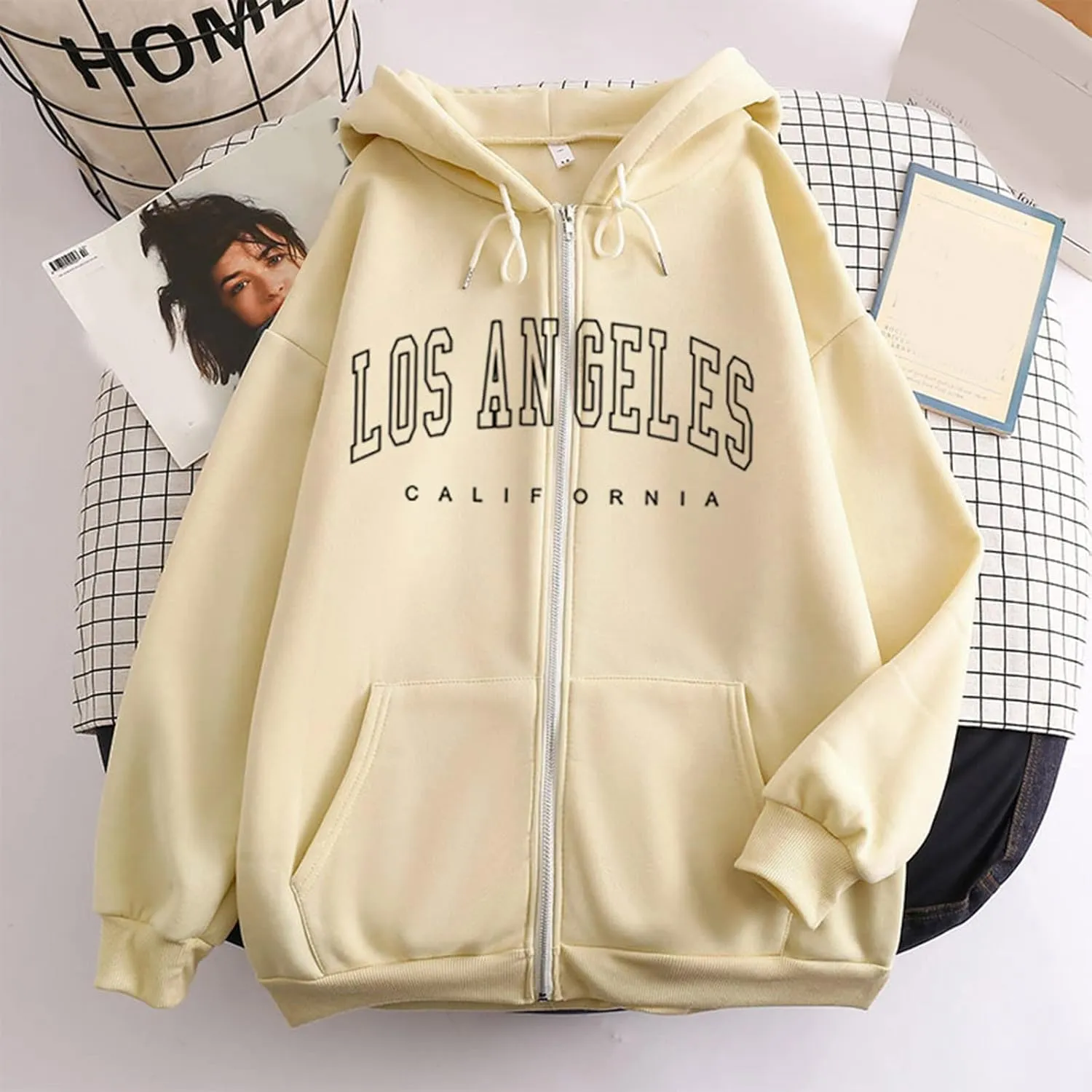 Zip Up Hoodies Women Vintage Oversized Jackets Los Angeles Printed Swaetshirts with Pockets Casual Style Y2K Streetwear