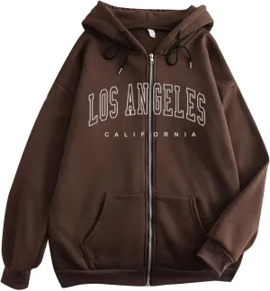 Zip Up Hoodies Women Vintage Oversized Jackets Los Angeles Printed Swaetshirts with Pockets Casual Style Y2K Streetwear