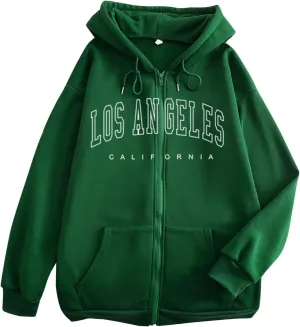 Zip Up Hoodies Women Vintage Oversized Jackets Los Angeles Printed Swaetshirts with Pockets Casual Style Y2K Streetwear