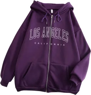 Zip Up Hoodies Women Vintage Oversized Jackets Los Angeles Printed Swaetshirts with Pockets Casual Style Y2K Streetwear