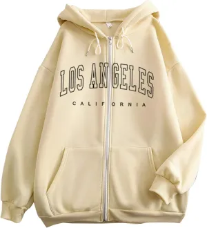 Zip Up Hoodies Women Vintage Oversized Jackets Los Angeles Printed Swaetshirts with Pockets Casual Style Y2K Streetwear