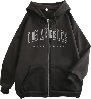 Zip Up Hoodies Women Vintage Oversized Jackets Los Angeles Printed Swaetshirts with Pockets Casual Style Y2K Streetwear