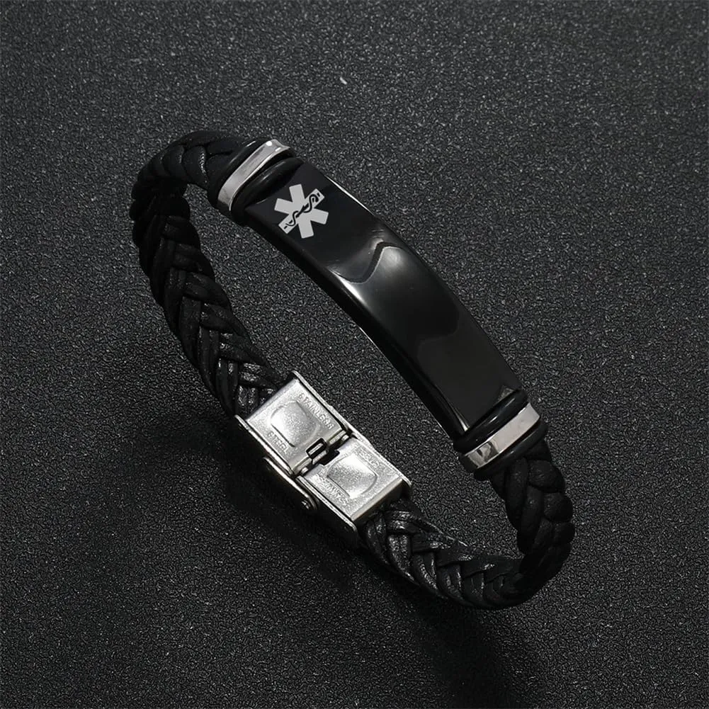ZKXXJ Free Engraving Custom Medical Alert ID Bracelet for Men Women - Laser Engraved Medical Leather Wristband Sos Emergency Identification Bracelets Healthy ICE Allergy Bracelet for Him Her