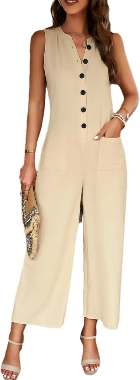 Zontroldy Women's Summer Linen Button Up Jumpsuits Dressy Casual Sleeveless Wide Leg Pants Rompers
