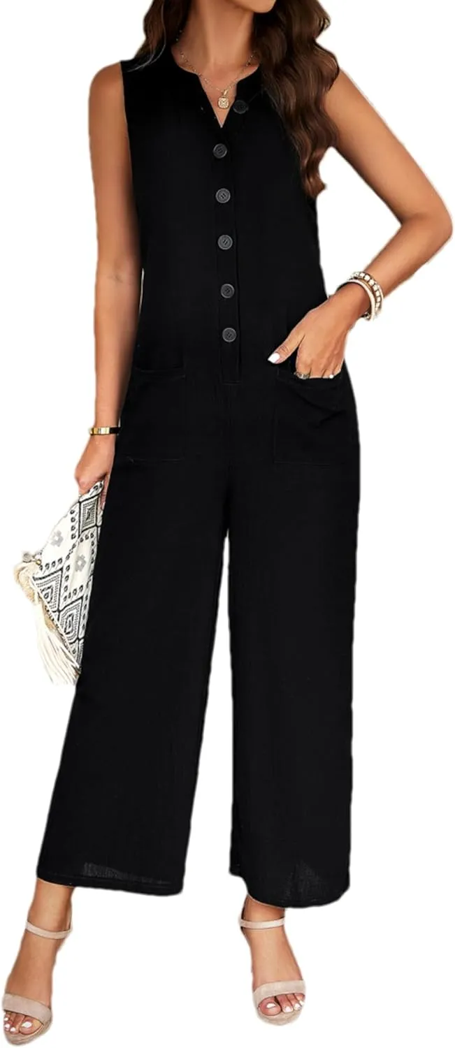 Zontroldy Women's Summer Linen Button Up Jumpsuits Dressy Casual Sleeveless Wide Leg Pants Rompers