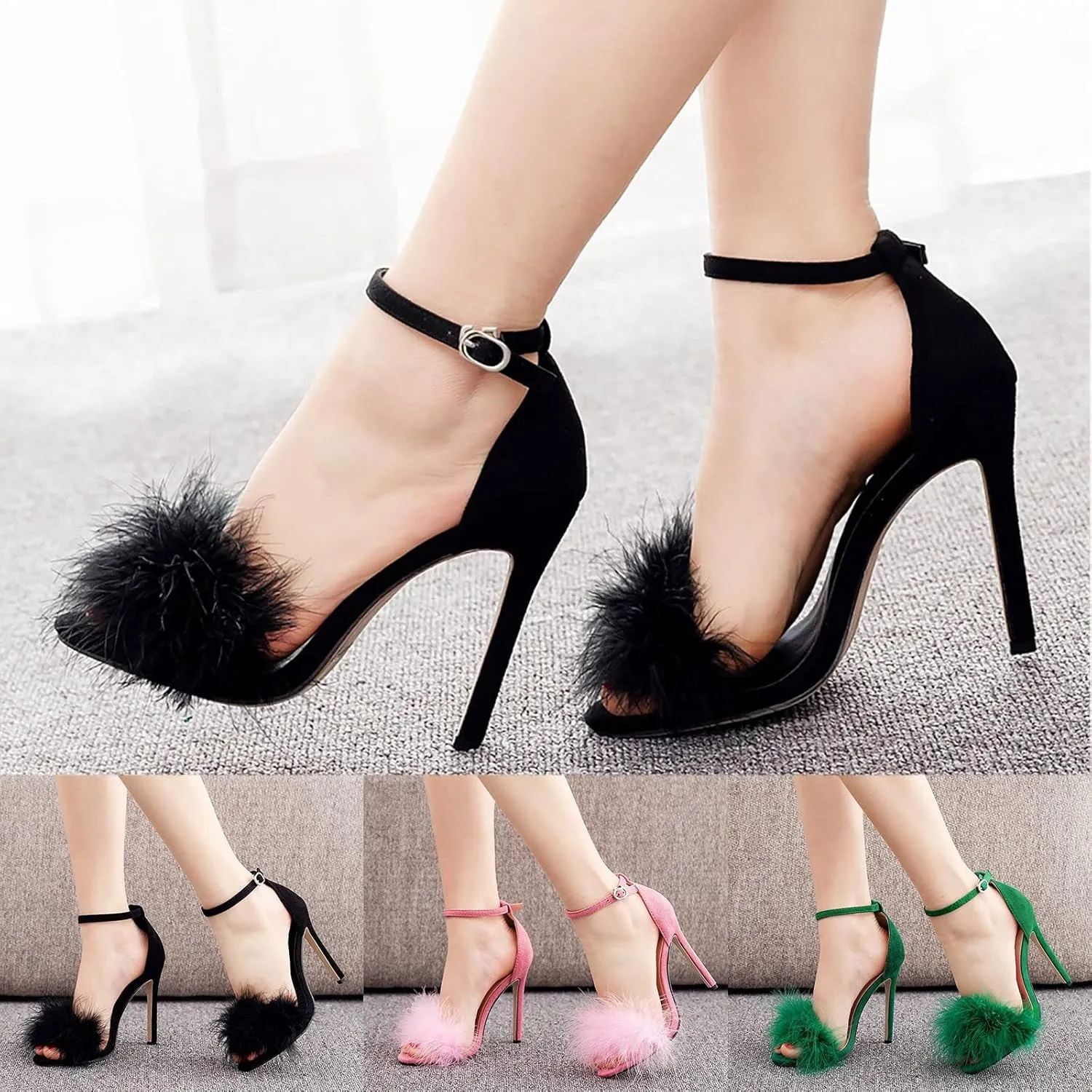 ZSpzx Women's Fuzzy Heeled Sandals Comfort Dressy Ankle Strap Stiletto Sandal for Women 2025 Feather Slip On High Party Prom Dress Open Toe Summer Womens Strappy Block Wedding Shoes For Bride